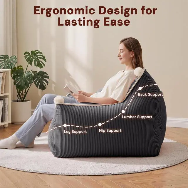 Alt view image 4 of 7 - Korser Bean Bag Chair for Adults and Teens, Small Bean Bag Couch Cozy with Foam Filler, Corduroy Comfy Beanbag Chair with Back Support, Lounge Floor Sofa for Living Room, Reading, Bedroom, Grey
