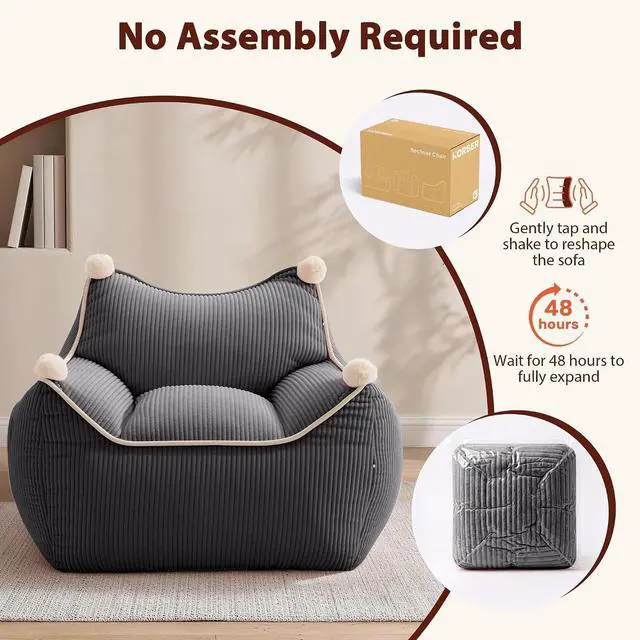 Alt view image 7 of 7 - Korser Bean Bag Chair for Adults and Teens, Small Bean Bag Couch Cozy with Foam Filler, Corduroy Comfy Beanbag Chair with Back Support, Lounge Floor Sofa for Living Room, Reading, Bedroom, Grey