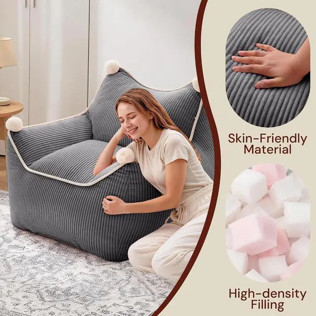 Alt view image 6 of 7 - Korser Bean Bag Chair for Adults and Teens, Small Bean Bag Couch Cozy with Foam Filler, Corduroy Comfy Beanbag Chair with Back Support, Lounge Floor Sofa for Living Room, Reading, Bedroom, Grey