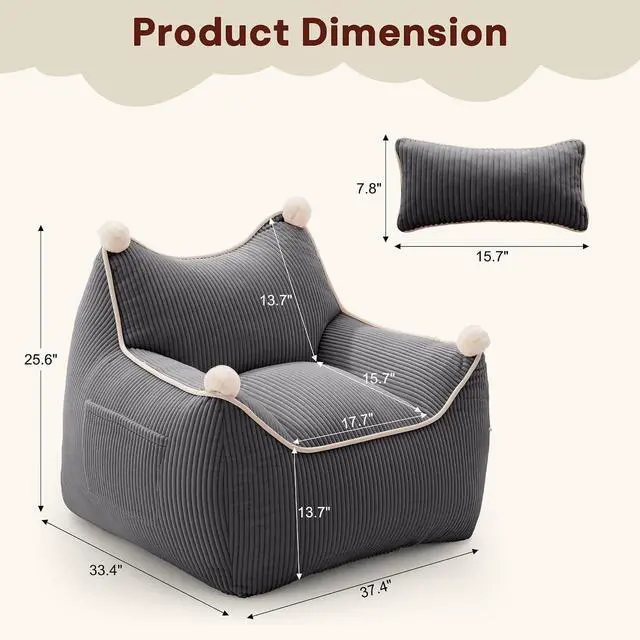 Alt view image 2 of 7 - Korser Bean Bag Chair for Adults and Teens, Bean Bag Couch Cozy with Foam Filler, Corduroy Comfy Beanbag Chair with Back Support, Lounge Floor Sofa for Living Room, Reading, Bedroom, Grey
