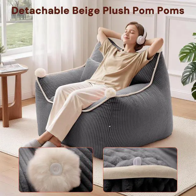 Alt view image 4 of 7 - Korser Bean Bag Chair for Adults and Teens, Bean Bag Couch Cozy with Foam Filler, Corduroy Comfy Beanbag Chair with Back Support, Lounge Floor Sofa for Living Room, Reading, Bedroom, Grey