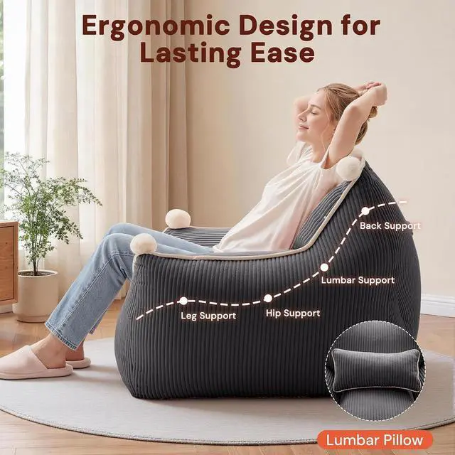 Alt view image 5 of 7 - Korser Bean Bag Chair for Adults and Teens, Bean Bag Couch Cozy with Foam Filler, Corduroy Comfy Beanbag Chair with Back Support, Lounge Floor Sofa for Living Room, Reading, Bedroom, Grey