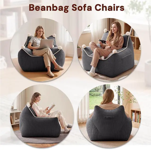 Alt view image 6 of 7 - Korser Bean Bag Chair for Adults and Teens, Bean Bag Couch Cozy with Foam Filler, Corduroy Comfy Beanbag Chair with Back Support, Lounge Floor Sofa for Living Room, Reading, Bedroom, Grey