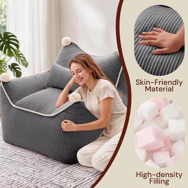 Alt view image 7 of 7 - Korser Bean Bag Chair for Adults and Teens, Bean Bag Couch Cozy with Foam Filler, Corduroy Comfy Beanbag Chair with Back Support, Lounge Floor Sofa for Living Room, Reading, Bedroom, Grey