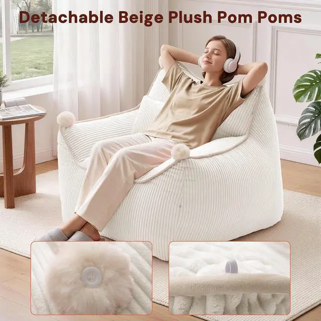 Alt view image 4 of 7 - Korser Bean Bag Chair for Adults and Teens, Bean Bag Couch Cozy with Foam Filler, Corduroy Comfy Beanbag Chair with Back Support, Lounge Floor Sofa for Living Room, Reading, Bedroom, Beige