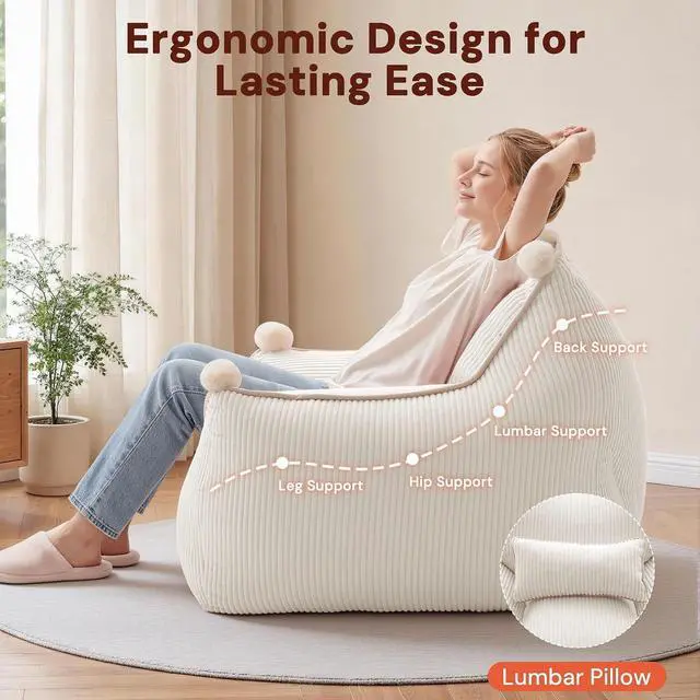 Alt view image 5 of 7 - Korser Bean Bag Chair for Adults and Teens, Bean Bag Couch Cozy with Foam Filler, Corduroy Comfy Beanbag Chair with Back Support, Lounge Floor Sofa for Living Room, Reading, Bedroom, Beige