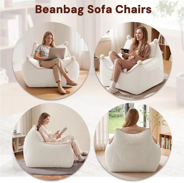 Alt view image 6 of 7 - Korser Bean Bag Chair for Adults and Teens, Bean Bag Couch Cozy with Foam Filler, Corduroy Comfy Beanbag Chair with Back Support, Lounge Floor Sofa for Living Room, Reading, Bedroom, Beige