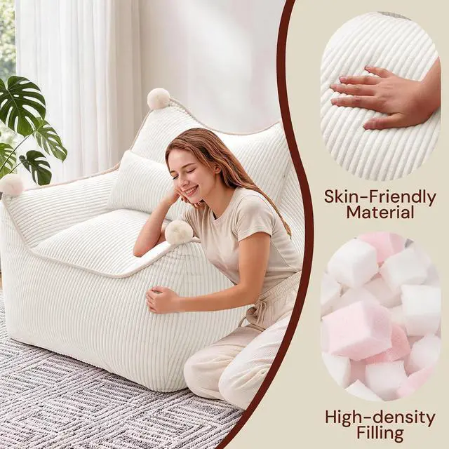 Alt view image 7 of 7 - Korser Bean Bag Chair for Adults and Teens, Bean Bag Couch Cozy with Foam Filler, Corduroy Comfy Beanbag Chair with Back Support, Lounge Floor Sofa for Living Room, Reading, Bedroom, Beige