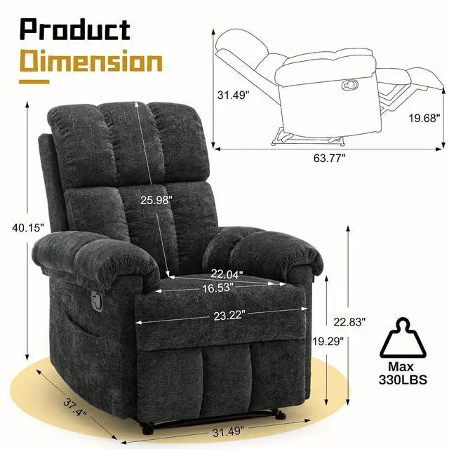 Alt view image 2 of 7 - Korser Recliner Chair, Living Room Recliner Chairs for Adults, Small Recliners for Small Spaces, Manual Recliner with Side Pockets, Upholstered Modern Nursery Chair for Living Room, Chenille, Black