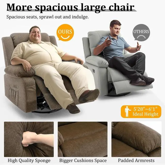 Alt view image 7 of 7 - Korser Power Recliner Chair, Electric Rocker Recliner with Massage and Heat, 270° Swivel Glider, Oversized Wide Seat with USB Port, Cashmere Nursery Chair for Living Room, Brown