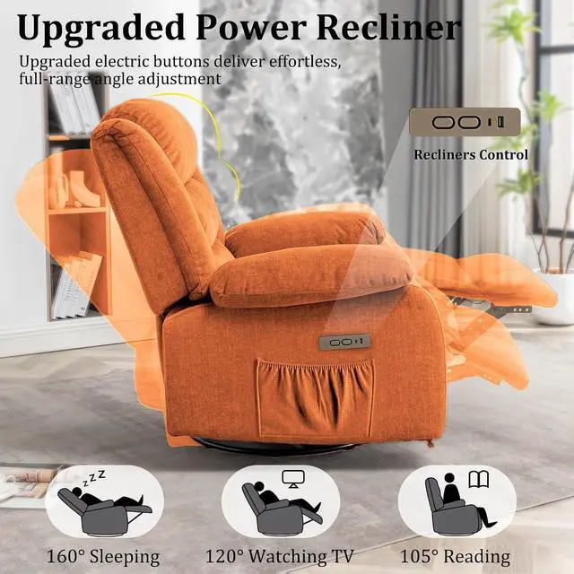 Alt view image 5 of 7 - Korser Power Recliner Chair, Electric Rocker Recliner with Massage and Heat, 270° Swivel Glider, Oversized Wide Seat with USB Port, Cashmere Nursery Chair for Living Room, Orange