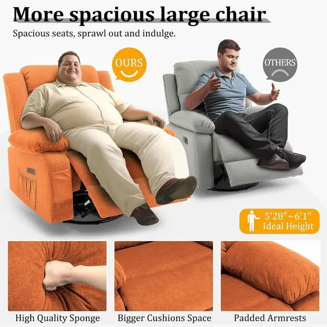 Alt view image 7 of 7 - Korser Power Recliner Chair, Electric Rocker Recliner with Massage and Heat, 270° Swivel Glider, Oversized Wide Seat with USB Port, Cashmere Nursery Chair for Living Room, Orange