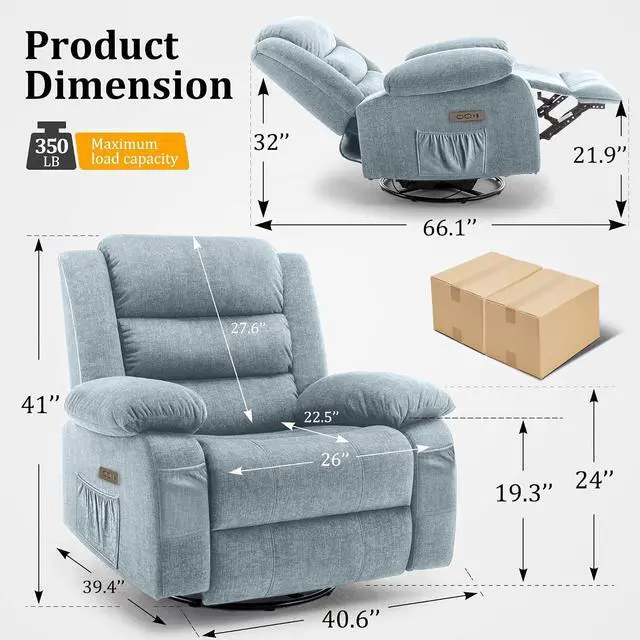 Alt view image 2 of 7 - Korser Power Recliner Chair, Electric Rocker Recliner with Massage and Heat, 270° Swivel Glider, Oversized Wide Seat with USB Port, Cashmere Nursery Chair for Living Room, Pewter