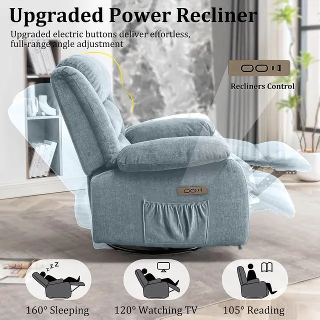 Alt view image 5 of 7 - Korser Power Recliner Chair, Electric Rocker Recliner with Massage and Heat, 270° Swivel Glider, Oversized Wide Seat with USB Port, Cashmere Nursery Chair for Living Room, Pewter