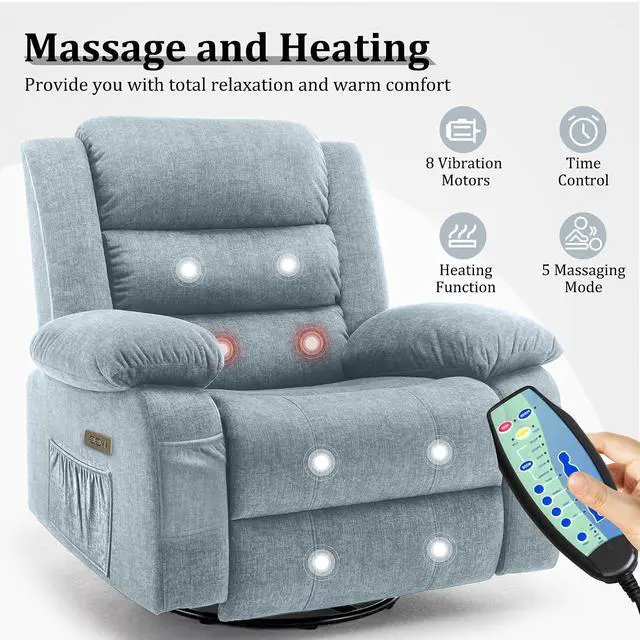 Alt view image 4 of 7 - Korser Power Recliner Chair, Electric Rocker Recliner with Massage and Heat, 270° Swivel Glider, Oversized Wide Seat with USB Port, Cashmere Nursery Chair for Living Room, Pewter