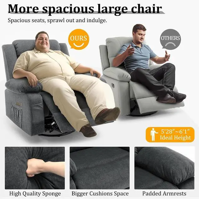 Alt view image 7 of 7 - Korser Power Recliner Chair, Electric Rocker Recliner with Massage and Heat, 270° Swivel Glider, Oversized Wide Seat with USB Port, Cashmere Nursery Chair for Living Room, Grey