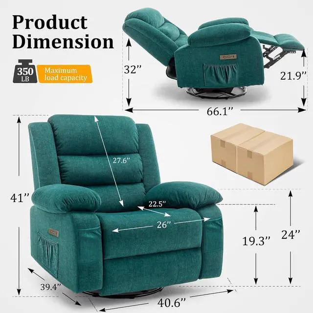 Alt view image 2 of 7 - Korser Power Recliner Chair, Electric Rocker Recliner with Massage and Heat, 270° Swivel Glider, Oversized Wide Seat with USB Port, Cashmere Nursery Chair for Living Room, Green