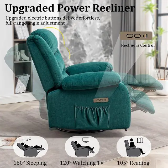 Alt view image 5 of 7 - Korser Power Recliner Chair, Electric Rocker Recliner with Massage and Heat, 270° Swivel Glider, Oversized Wide Seat with USB Port, Cashmere Nursery Chair for Living Room, Green