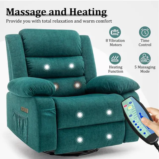 Alt view image 4 of 7 - Korser Power Recliner Chair, Electric Rocker Recliner with Massage and Heat, 270° Swivel Glider, Oversized Wide Seat with USB Port, Cashmere Nursery Chair for Living Room, Green