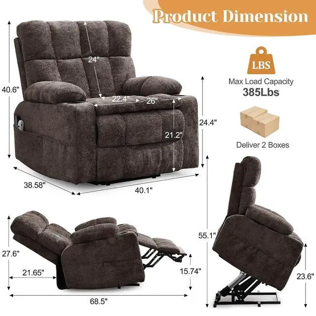 Alt view image 2 of 7 - Korser Oversized Dual Motor Power Lift Recliner for Elderly with Massage and Heat, Recliner Chair with Adjustable Headrest, Electric Lift Chair with Armrest Storage, Cup Holder (Chenille, Brown)