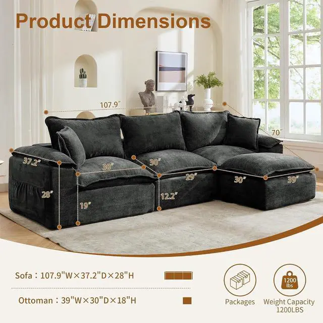 Alt view image 2 of 6 - Korser 108" Sectional Couches for Living Room, Modular Boneless Couch with Deep Seat & Fluffy Cushion, Cozy Double-Layer Cushioned Sofa with Convertible Ottoman, Comfy Cloud Sofa, No Assembly Required