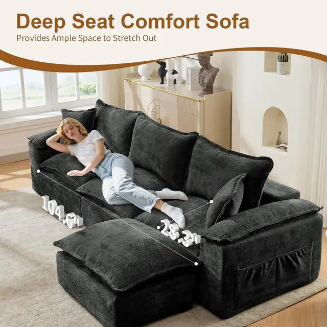 Alt view image 3 of 6 - Korser 108" Sectional Couches for Living Room, Modular Boneless Couch with Deep Seat & Fluffy Cushion, Cozy Double-Layer Cushioned Sofa with Convertible Ottoman, Comfy Cloud Sofa, No Assembly Required