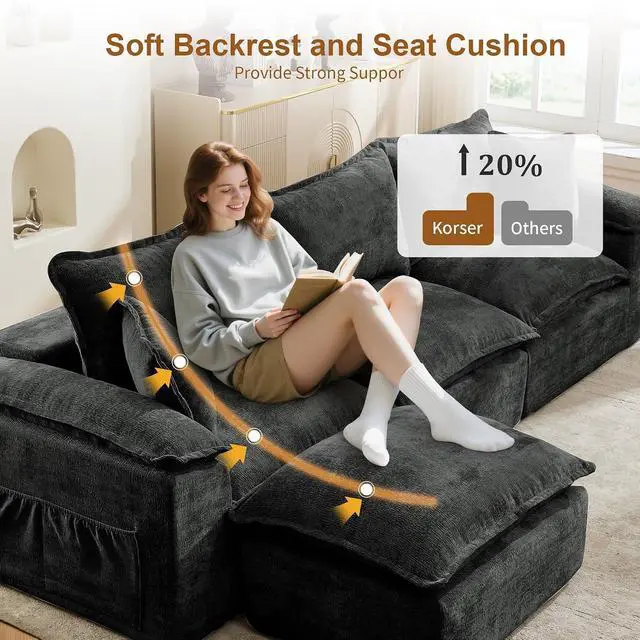 Alt view image 4 of 6 - Korser 108" Sectional Couches for Living Room, Modular Boneless Couch with Deep Seat & Fluffy Cushion, Cozy Double-Layer Cushioned Sofa with Convertible Ottoman, Comfy Cloud Sofa, No Assembly Required