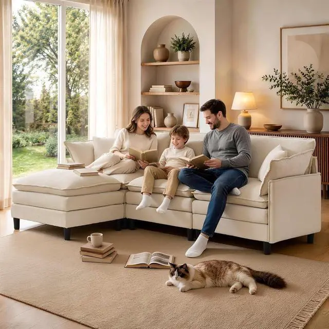 Alt view image 2 of 7 - Korser 105" L-Shaped Modular Sectional Sofa, 3-Seater Cloud Couch with 1 Movable Ottoman, Modern Chenille Sofa Set with Removable Washable Pillows for Living Room, Bedroom, Apartment