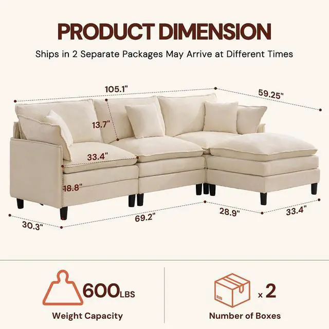 Alt view image 3 of 7 - Korser 105" L-Shaped Modular Sectional Sofa, 3-Seater Cloud Couch with 1 Movable Ottoman, Modern Chenille Sofa Set with Removable Washable Pillows for Living Room, Bedroom, Apartment