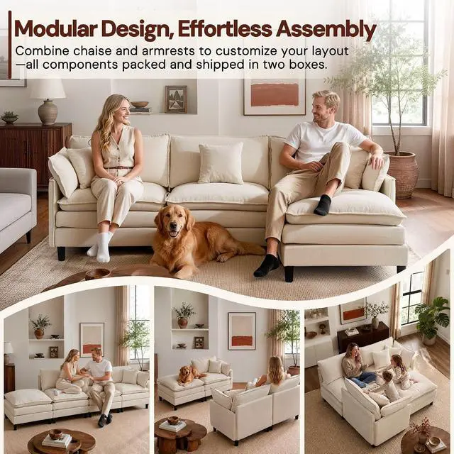 Alt view image 4 of 7 - Korser 105" L-Shaped Modular Sectional Sofa, 3-Seater Cloud Couch with 1 Movable Ottoman, Modern Chenille Sofa Set with Removable Washable Pillows for Living Room, Bedroom, Apartment