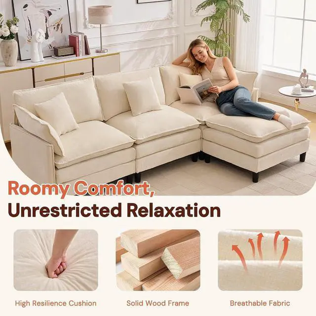 Alt view image 7 of 7 - Korser 105" L-Shaped Modular Sectional Sofa, 3-Seater Cloud Couch with 1 Movable Ottoman, Modern Chenille Sofa Set with Removable Washable Pillows for Living Room, Bedroom, Apartment
