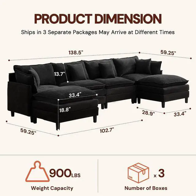 Alt view image 3 of 7 - Korser 138" U-Shaped Modular Sectional Sofa, 4-Seater Cloud Couch with 2 Movable Ottomans, Modern Chenille Sofa Set with Removable Washable Pillows for Living Room, Bedroom, Apartment