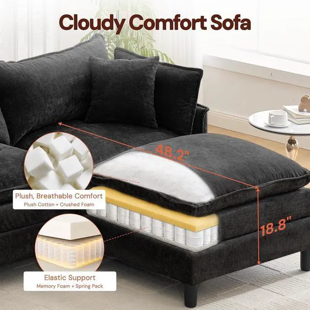 Alt view image 6 of 7 - Korser 138" U-Shaped Modular Sectional Sofa, 4-Seater Cloud Couch with 2 Movable Ottomans, Modern Chenille Sofa Set with Removable Washable Pillows for Living Room, Bedroom, Apartment