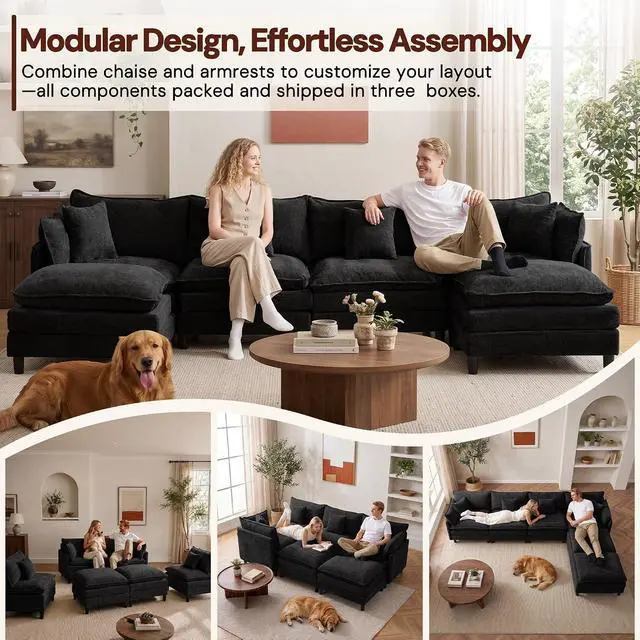 Alt view image 4 of 7 - Korser 138" U-Shaped Modular Sectional Sofa, 4-Seater Cloud Couch with 2 Movable Ottomans, Modern Chenille Sofa Set with Removable Washable Pillows for Living Room, Bedroom, Apartment