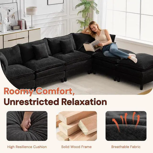 Alt view image 7 of 7 - Korser 138" U-Shaped Modular Sectional Sofa, 4-Seater Cloud Couch with 2 Movable Ottomans, Modern Chenille Sofa Set with Removable Washable Pillows for Living Room, Bedroom, Apartment
