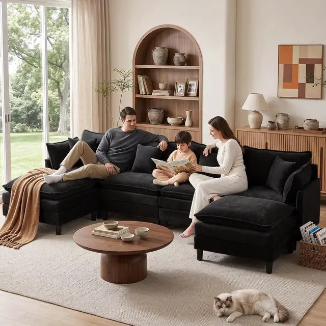 Alt view image 2 of 7 - Korser 138" U-Shaped Modular Sectional Sofa, 4-Seater Cloud Couch with 2 Movable Ottomans, Modern Chenille Sofa Set with Removable Washable Pillows for Living Room, Bedroom, Apartment