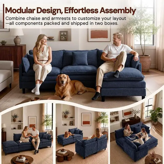 Alt view image 4 of 7 - Korser 105" L-Shaped Modular Sectional Sofa, 3-Seater Cloud Couch with 1 Movable Ottoman, Modern Chenille Sofa Set with Removable Washable Pillows for Living Room, Bedroom, Apartment