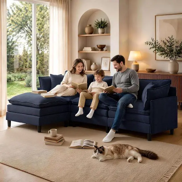Alt view image 2 of 7 - Korser 105" L-Shaped Modular Sectional Sofa, 3-Seater Cloud Couch with 1 Movable Ottoman, Modern Chenille Sofa Set with Removable Washable Pillows for Living Room, Bedroom, Apartment