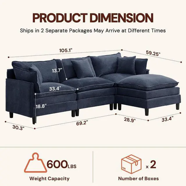Alt view image 3 of 7 - Korser 105" L-Shaped Modular Sectional Sofa, 3-Seater Cloud Couch with 1 Movable Ottoman, Modern Chenille Sofa Set with Removable Washable Pillows for Living Room, Bedroom, Apartment