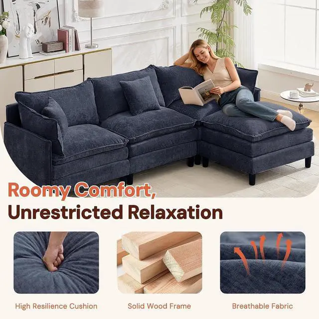 Alt view image 7 of 7 - Korser 105" L-Shaped Modular Sectional Sofa, 3-Seater Cloud Couch with 1 Movable Ottoman, Modern Chenille Sofa Set with Removable Washable Pillows for Living Room, Bedroom, Apartment