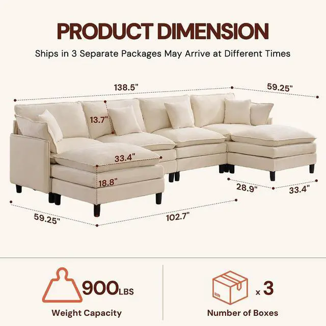 Alt view image 3 of 7 - Korser 138" U-Shaped Modular Sectional Sofa, 4-Seater Cloud Couch with 2 Movable Ottomans, Modern Chenille Sofa Set with Removable Washable Pillows for Living Room, Bedroom, Apartment