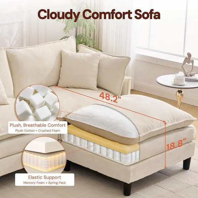 Alt view image 6 of 7 - Korser 105" L-Shaped Modular Sectional Sofa, 3-Seater Cloud Couch with 1 Movable Ottoman, Modern Chenille Sofa Set with Removable Washable Pillows for Living Room, Bedroom, Apartment