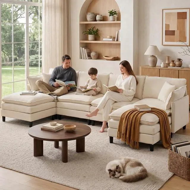 Alt view image 2 of 7 - Korser 138" U-Shaped Modular Sectional Sofa, 4-Seater Cloud Couch with 2 Movable Ottomans, Modern Chenille Sofa Set with Removable Washable Pillows for Living Room, Bedroom, Apartment