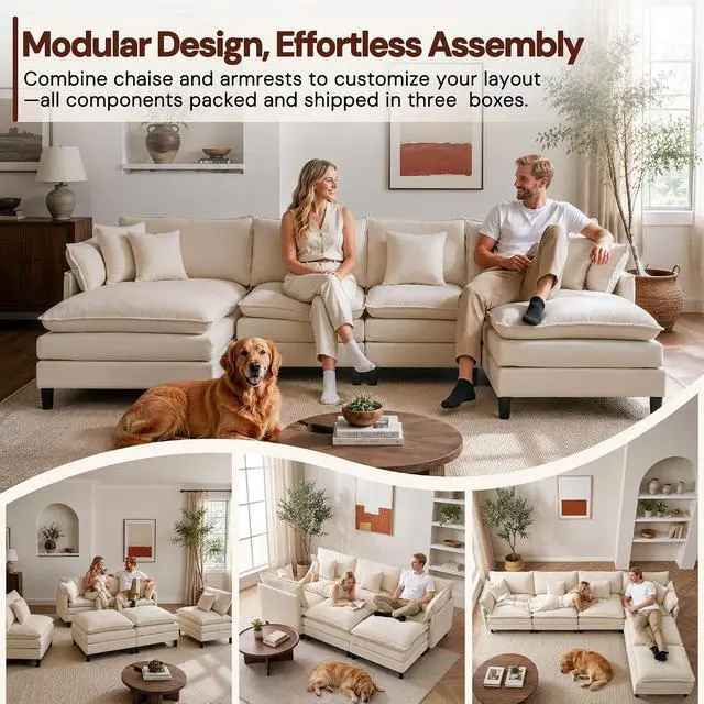 Alt view image 4 of 7 - Korser 138" U-Shaped Modular Sectional Sofa, 4-Seater Cloud Couch with 2 Movable Ottomans, Modern Chenille Sofa Set with Removable Washable Pillows for Living Room, Bedroom, Apartment