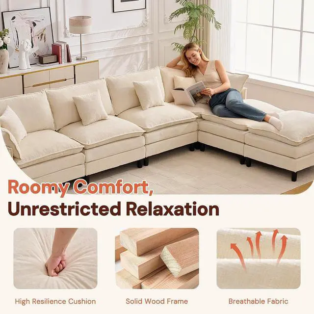 Alt view image 7 of 7 - Korser 138" U-Shaped Modular Sectional Sofa, 4-Seater Cloud Couch with 2 Movable Ottomans, Modern Chenille Sofa Set with Removable Washable Pillows for Living Room, Bedroom, Apartment