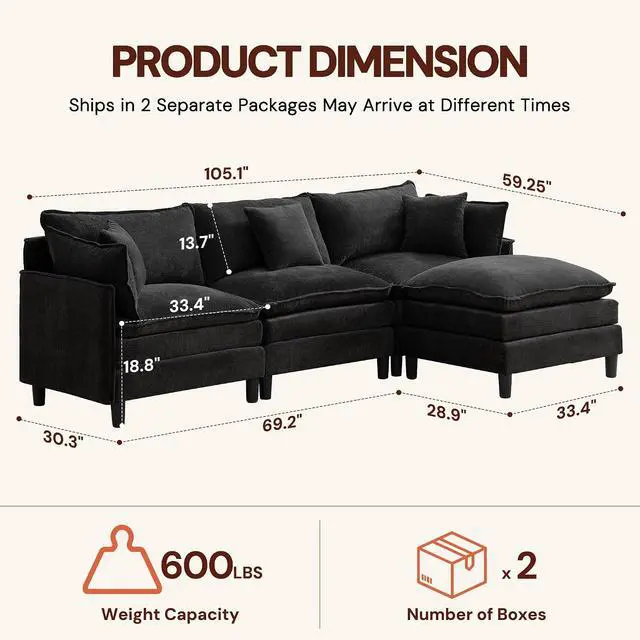 Alt view image 3 of 7 - Korser 105" L-Shaped Modular Sectional Sofa, 3-Seater Cloud Couch with 1 Movable Ottoman, Modern Chenille Sofa Set with Removable Washable Pillows for Living Room, Bedroom, Apartment