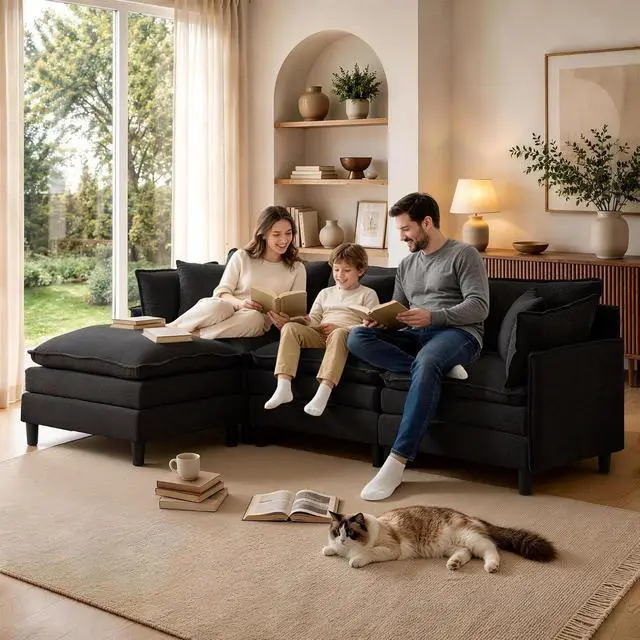 Alt view image 2 of 7 - Korser 105" L-Shaped Modular Sectional Sofa, 3-Seater Cloud Couch with 1 Movable Ottoman, Modern Chenille Sofa Set with Removable Washable Pillows for Living Room, Bedroom, Apartment