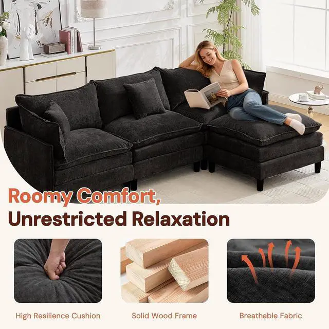 Alt view image 6 of 7 - Korser 105" L-Shaped Modular Sectional Sofa, 3-Seater Cloud Couch with 1 Movable Ottoman, Modern Chenille Sofa Set with Removable Washable Pillows for Living Room, Bedroom, Apartment