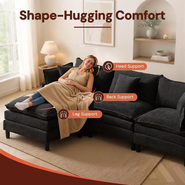 Alt view image 7 of 7 - Korser 105" L-Shaped Modular Sectional Sofa, 3-Seater Cloud Couch with 1 Movable Ottoman, Modern Chenille Sofa Set with Removable Washable Pillows for Living Room, Bedroom, Apartment