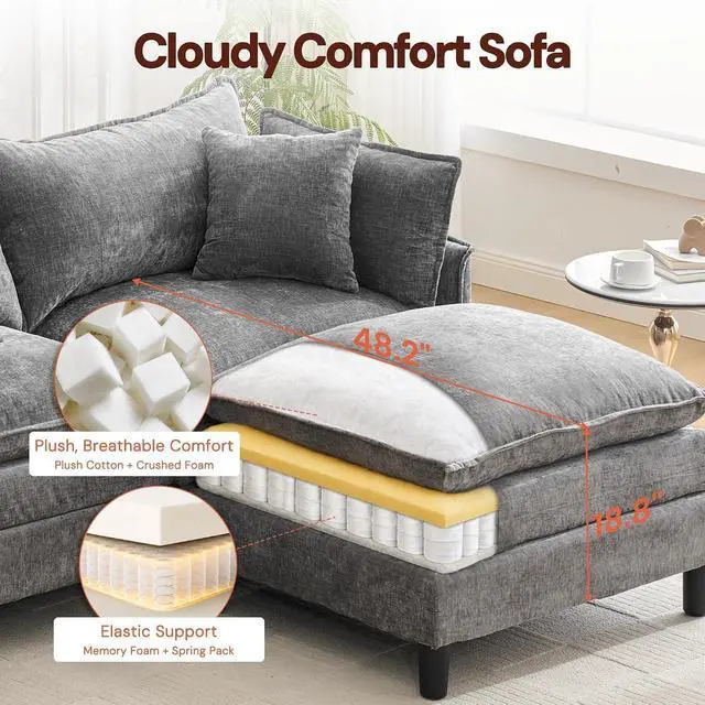 Alt view image 6 of 7 - Korser 138" U-Shaped Modular Sectional Sofa, 4-Seater Cloud Couch with 2 Movable Ottomans, Modern Chenille Sofa Set with Removable Washable Pillows for Living Room, Bedroom, Apartment